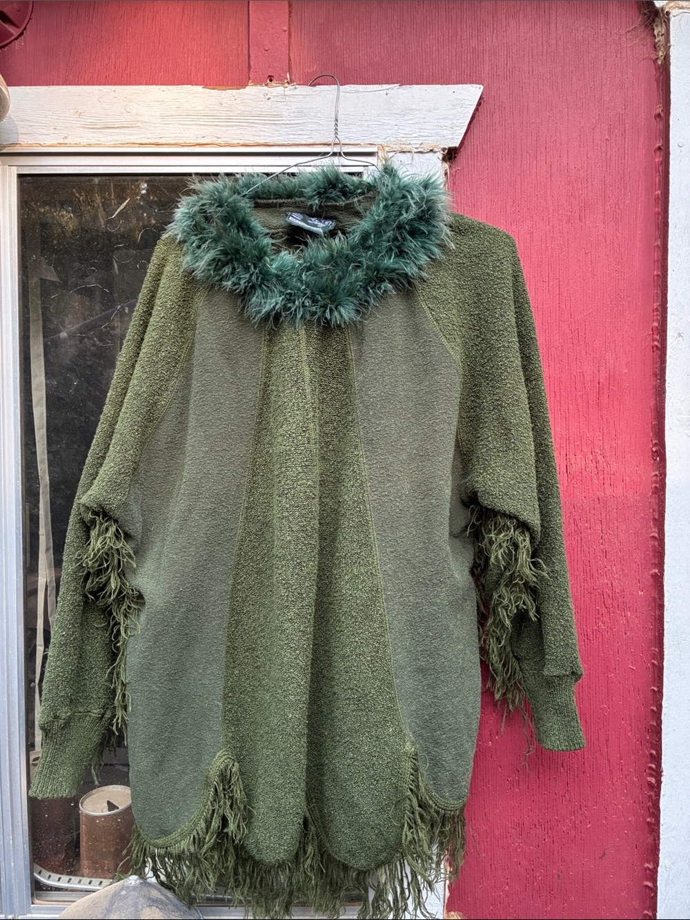 PIONEER Olive Green Feather-Trim Scoopneck Fringe Sweater